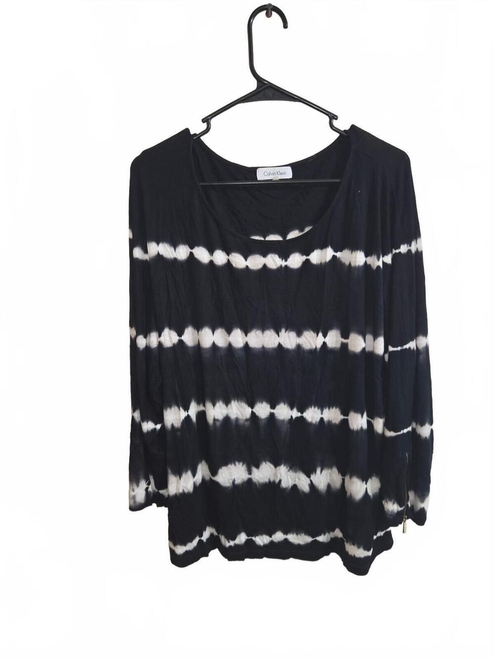 Calvin Klein Black and White Tie-Dye Long Sleeve Shirt with Zipper Detail